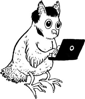 An illustrated owl with big black eyes and a mullet typing away on an open laptop