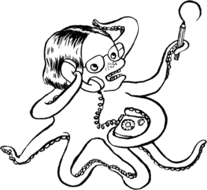 An illustrated kraken wearing glasses who is holding a phone in one hand and a looking glass in another