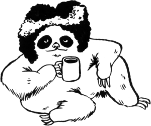 An illustration of a sloth with huge curly hair, sitting relaxed on the ground with a hand on a knee and holding a cup of coffee