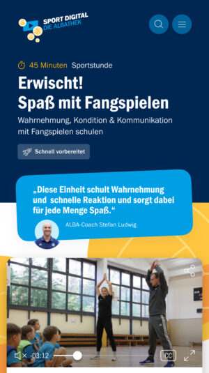a screenshot of the albathek website with a headline announce a game of catch, a quote box with indistinct text and a small  video preview underneath