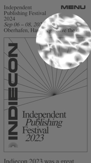 a screenshot of the indiecon website, a dark green background with black text reading Indiecon independent publishing festival and the silhouette of a planet hovering over it