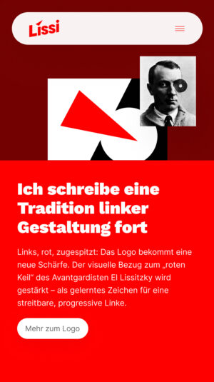a screenshot of Lissi brand portal showing a content teaser with an image of el lissitzki and a red wedge splitting a white circle with some unreadable text underneath