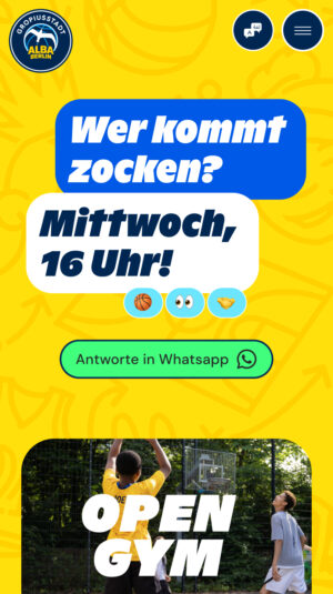 a screenshot of the website of alba gropiusstadt with a navigation bar sporting the alba logo and a bold blue teaser text on yellow background asking for kids to come balling next Wednesday in the open gym