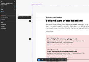 A screenshot of digital design software figma shows a teaser module with annotations for the headline hierarchy.