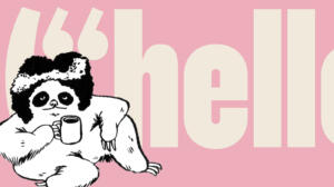 An image collage consisting of a sloth sitting relaxed on the ground with one arm on its knee, holding a cup of coffee, in front of big letters spelling the code snipped hello world in beige on a light pink background.
