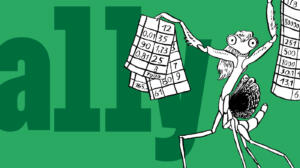 An image collage consisting of a black-and-white illustration of mantis Shrexcel, a character with long light hair, standing with its forelegs raised and holding two spreadsheets with various numbers. The background is forest green with big dark green letters spelling a11y in a serif font.