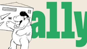 An image collage consisting of an illustration of a happy hippo pointing at a Flipchart in front of big letter spelling a11y.
