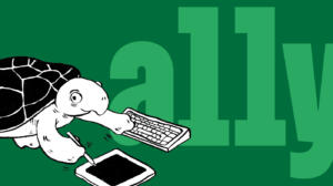 An image collage consisting of a black-and white illustration of a turtle drawing on a graphics tablet while simultaneously typing on an old-timely keyboard, in front of big letters spelling a11y in light green on a dark green background.
