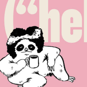 An image collage consisting of a sloth sitting relaxed on the ground with one arm on its knee, holding a cup of coffee, in front of big letters spelling the code snipped hello world in beige on a light pink background.