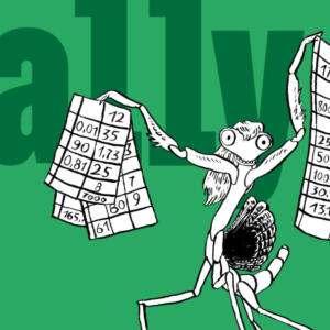 An image collage consisting of a black-and white illustration of a mantis holding two spreadsheets in its forelegs, in front of big letters spelling a11y in dark green on a light green background.