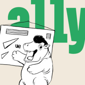 An image collage consisting of a black-and white illustration of a happy hippo pointing at a Flipchart in front of big letters spelling a11y in green on a beige background.